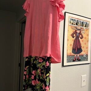 Pink Ruffle Sleeve Top with Floral Pants